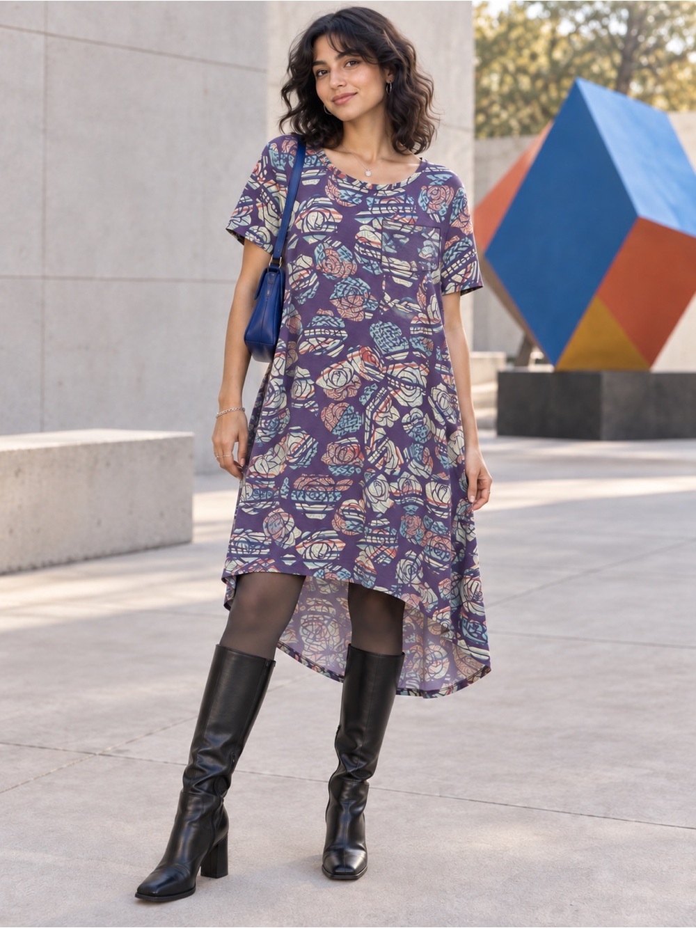 Floral High-Low Short Sleeve Dress in Purple